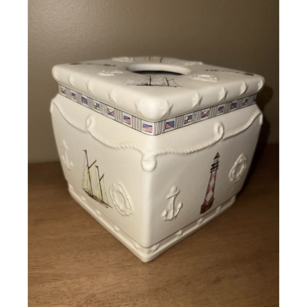 Ceramic Nautical Lighthouse Sailboat Tissue Box Cover Beach Coastal Decor White
